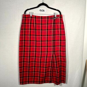 Vintage Sag Harbor Pencil Skirt Womens 16 Red Tartan Plaid Knee Length Side Slit